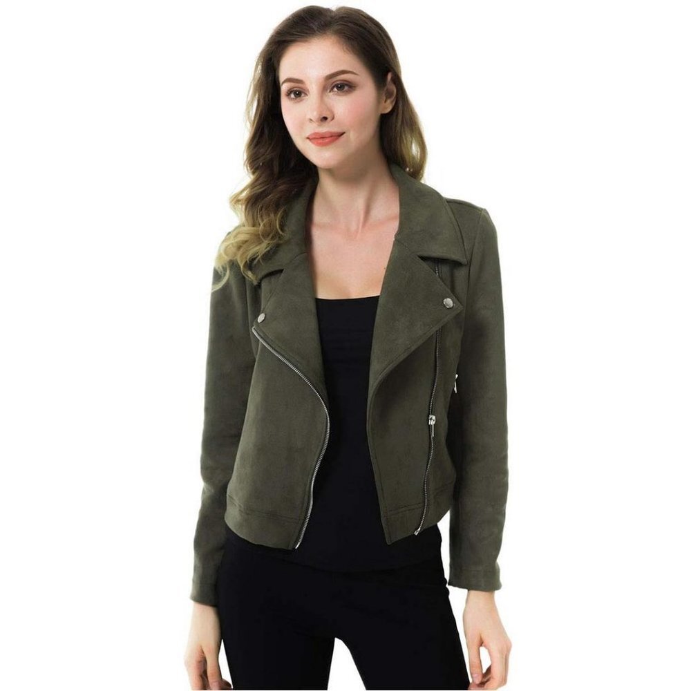 Solid Long Sleeve Faux Suede Motorcycle Jackets Zipper - Style 2-army Green